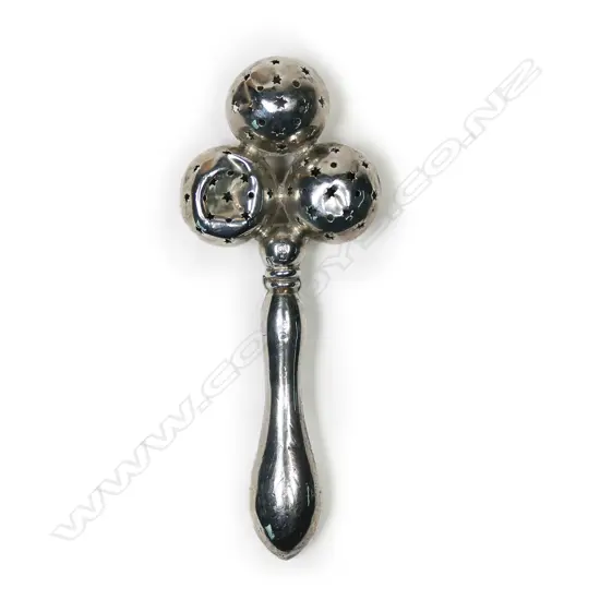 A silver baby rattle,