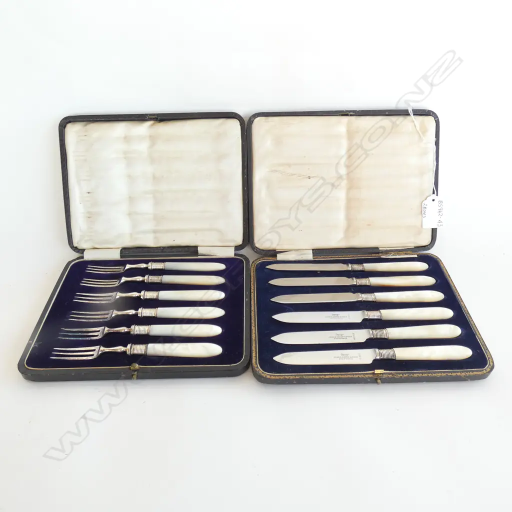 BOXED VINTAGE CUTLERY; 6 MOP FRUIT KNIVES & 6 MOP FRUIT /DESSERT FORKS  Image 1++