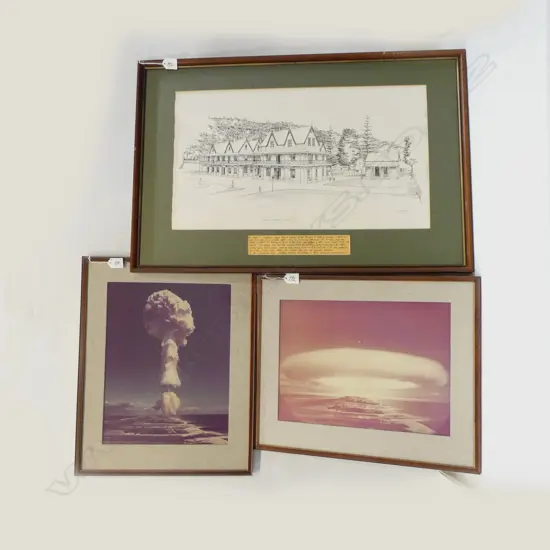 3 PICTURES; 2 ATOMIC EXPLOSIONS OVER MURUROA ATOLL 290x390mm + WAIWERA HOTEL 