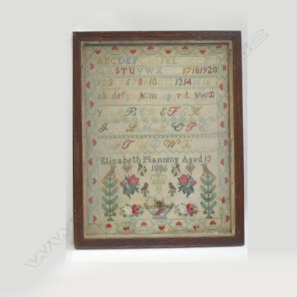 ANTIQUE SAMPLER 'ELIZABETH MANNING AGED 13 1886' 390x295mm Image 1++