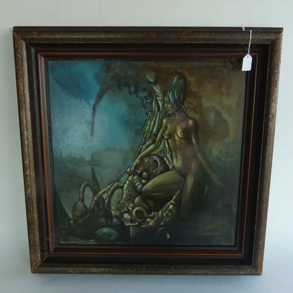 OIL ON BOARD UNTITLED  NUDE WOMAN / LANDSCAPE - VICTOR LINFORD SIGNED & DATED 1978 490 X 490MM Image 1++