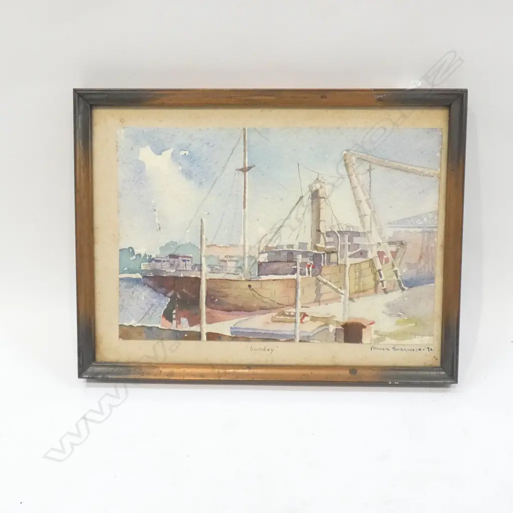 SMALL W/C SIGNED FRANCIS SHERWOOD, LUGGER IN HARBOUR, DATED '32, TITLED 'SUNDAY'  Image 1++