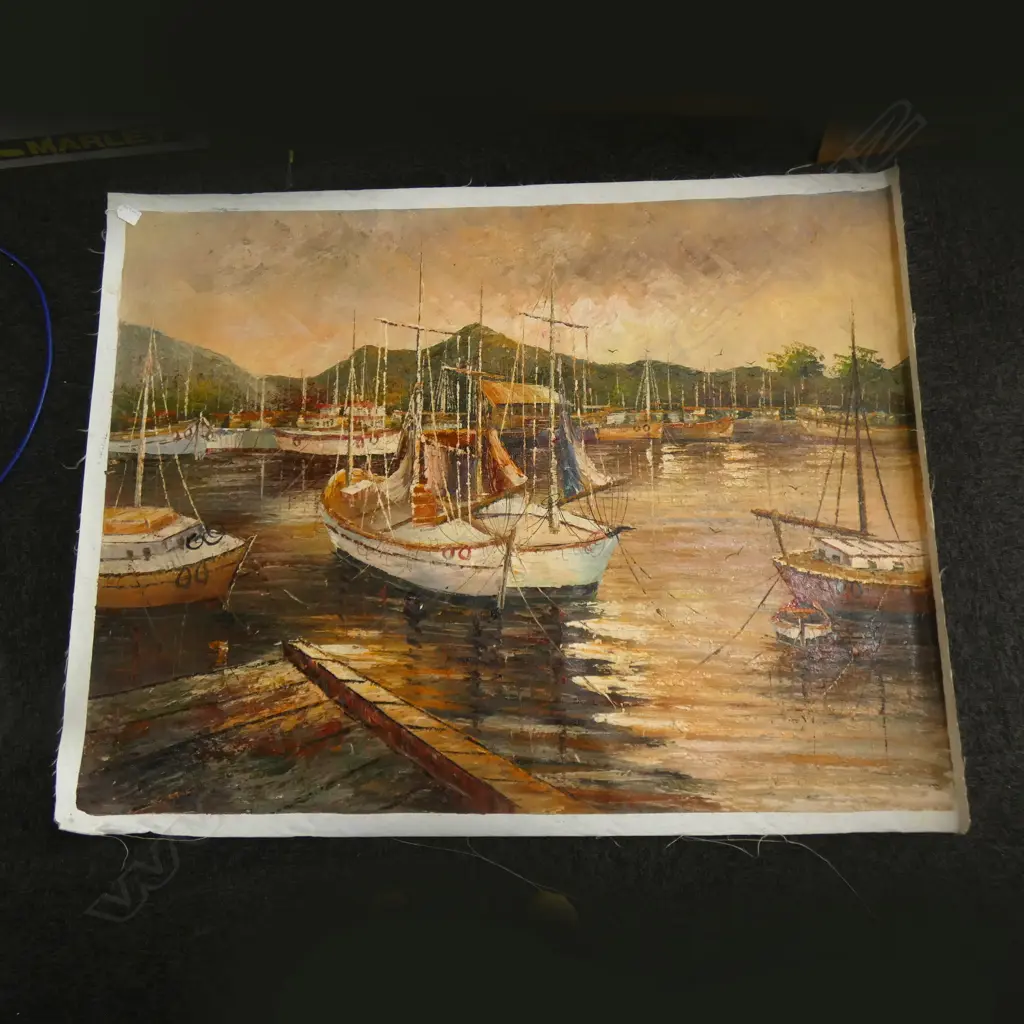 LARGE UNFRAMED OIL HARBOUR SCENE 930x1230mm Image 1++