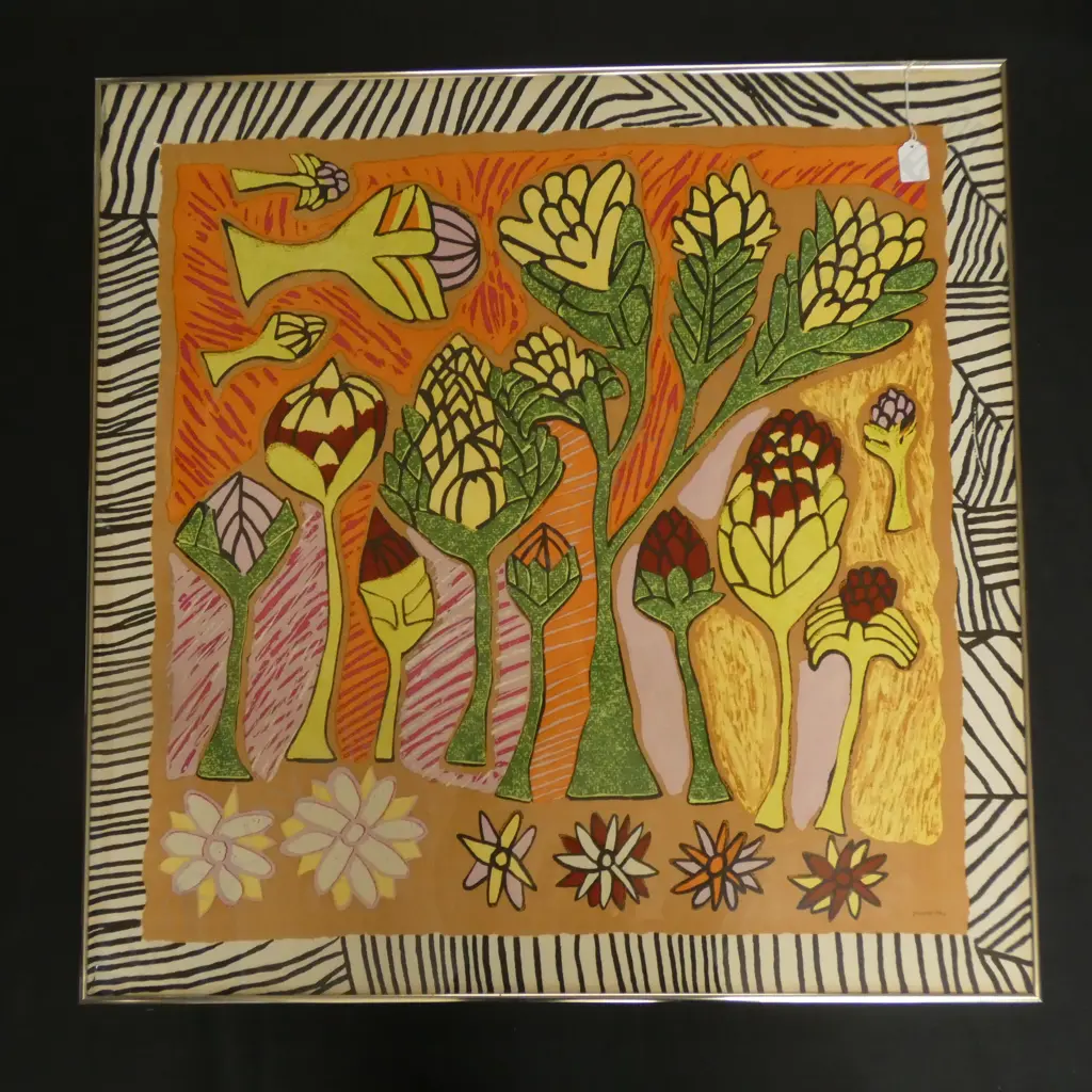 FRAMED DESERT DESIGNS SCREEN PRINT ON SILK - JIMMY PIKE ABORIGINAL ART SCARF 'DESERT FLOWERS C1980'S 780MM SQ Image 1++