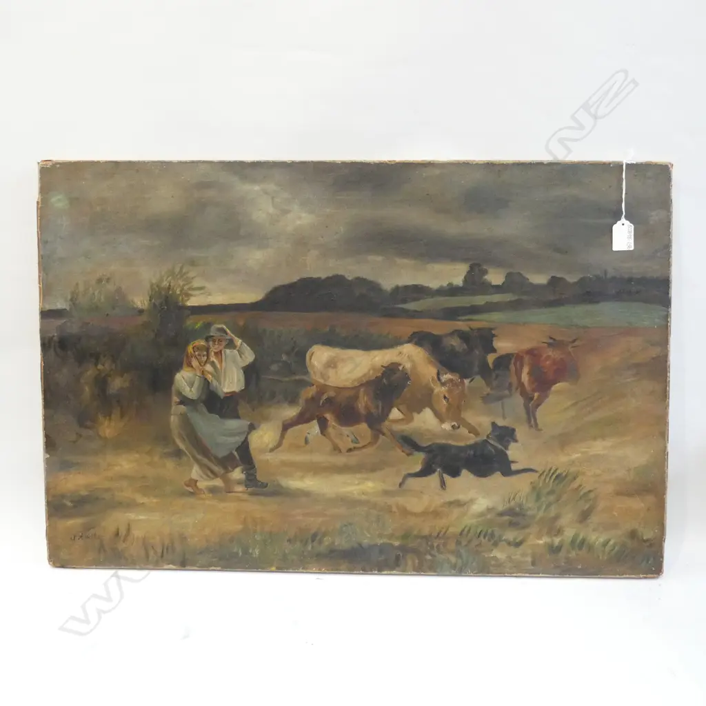 OLD OIL ON CANVAS FARM/ COW SCENE SIGNED S A HILL 760 X 500MM Image 1++