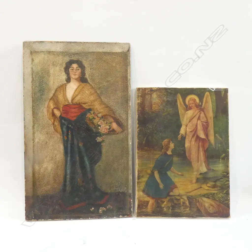 PR OLD OIL ON CANVAS PAINTINGS; 1 WITH ANGEL LARGEST 510 X 310MM Image 1++