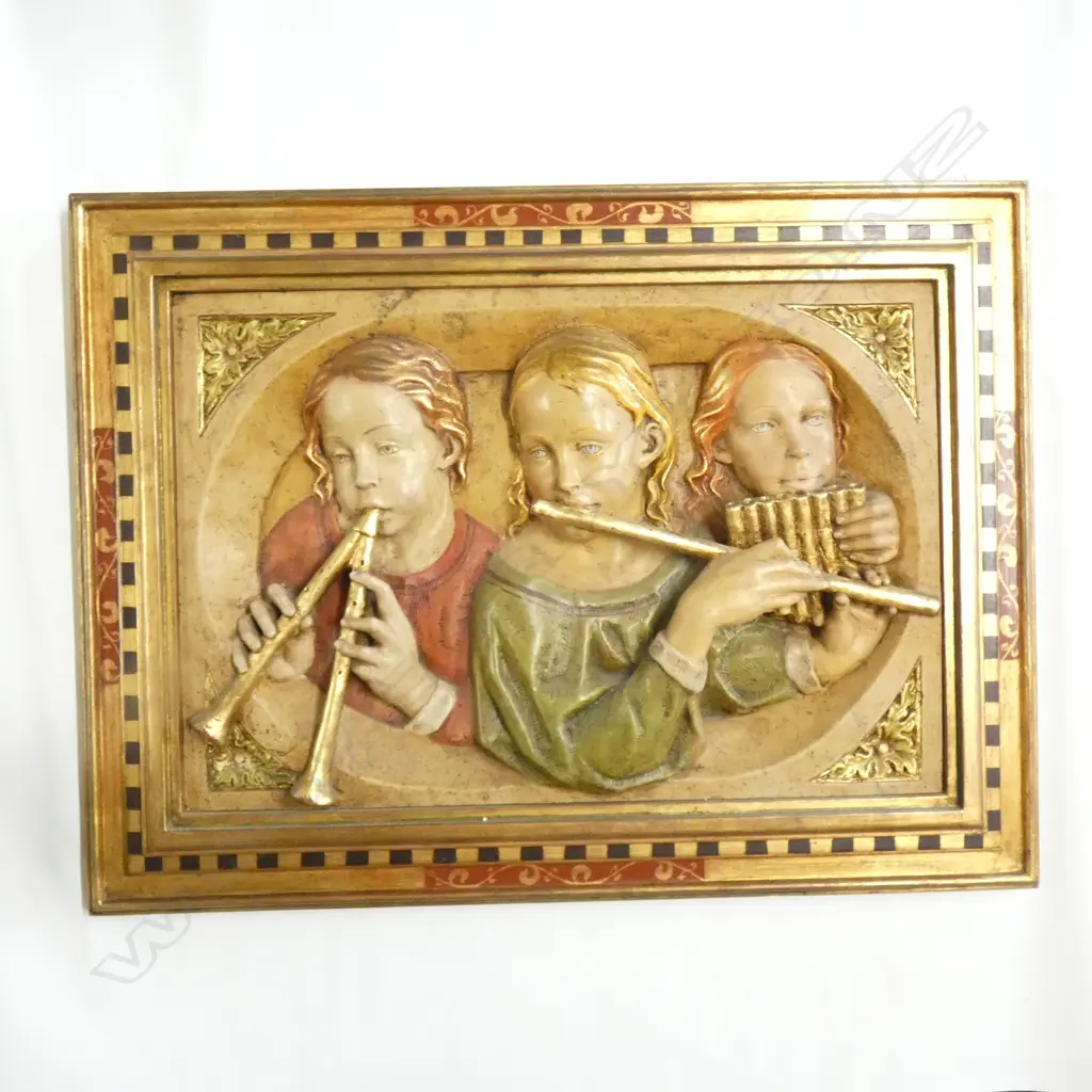 ORNATE FRAMED 3D PLASTER ART - 3 GIRLS PLAYING MUSICAL INSTRUMENTS 430 X 700MM Image 1++