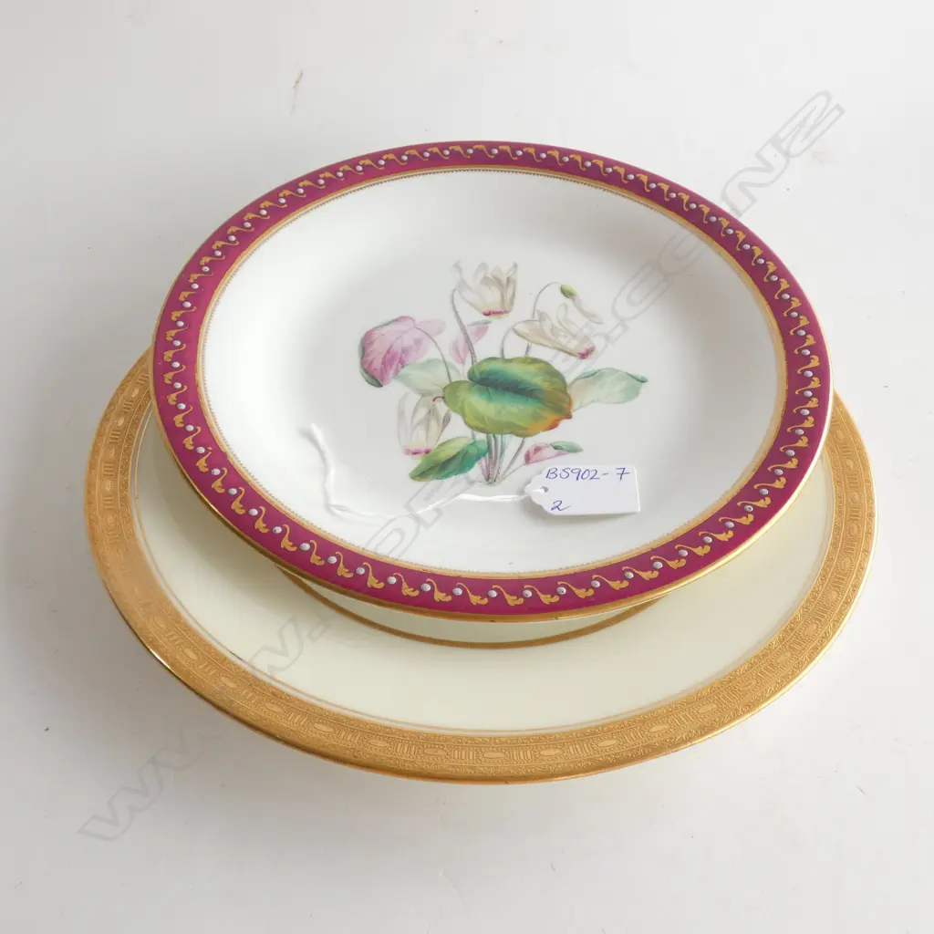 2 PLATES; WORCESTER CYCLAMEN (DIA 235MM) & MINTON TIFFANY GOLD GILDED PLATE (DIA 255MM) Image 1++