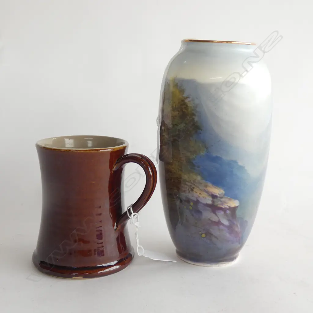ROYAL DOULTON HAND PAINTED VASE C1920 (H 205MM) + EARLY BOURNE DENBY WARE MUG (H 107MM) Image 1++