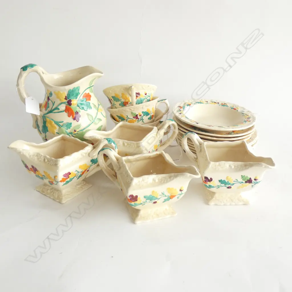 MASON IRONSTONE 4 JUGS LARGE JUG 6 DESSERT BOWLS & 3 C/S OAK PAT Image 1++