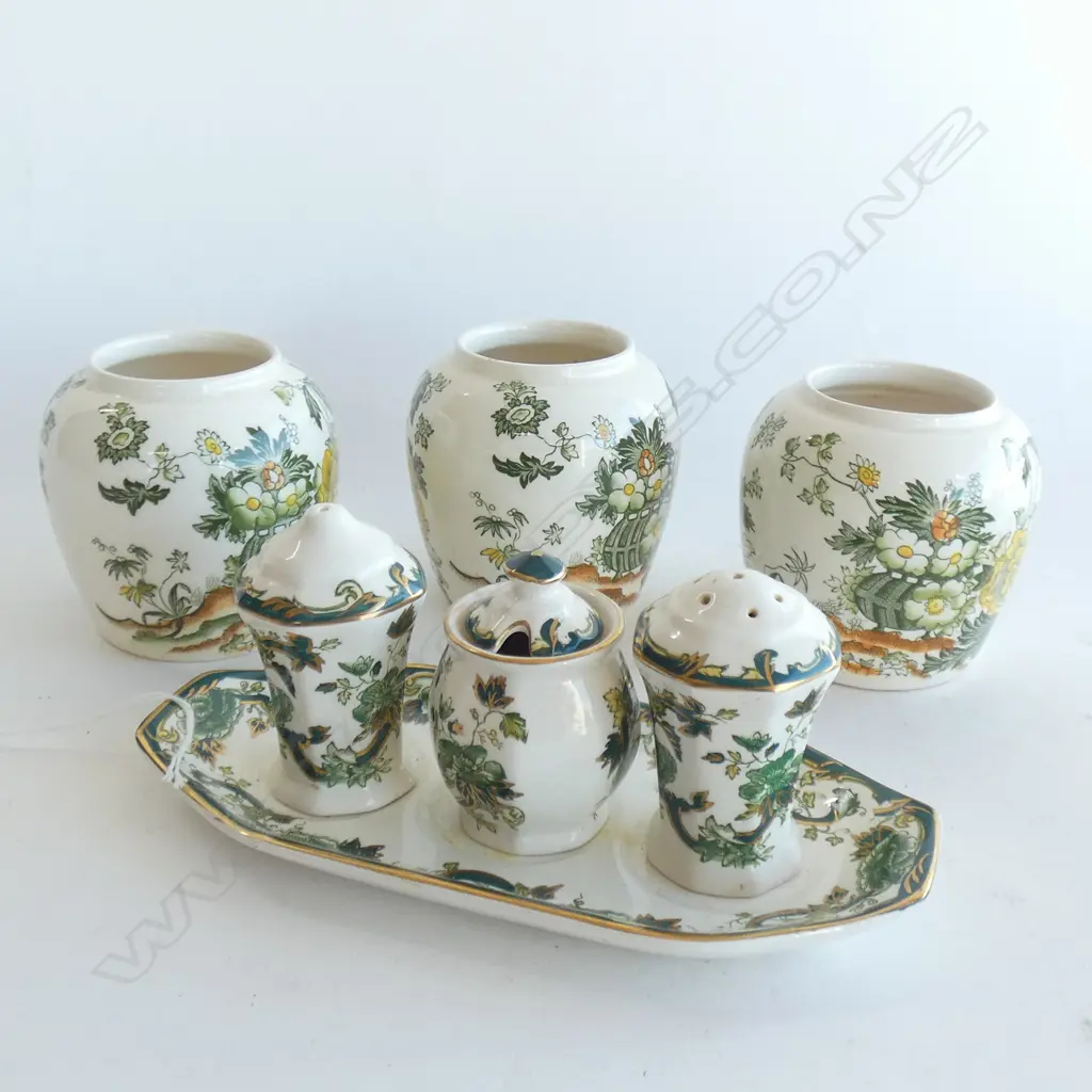 MASONS IRONSTONE 3 HORNLEY PATTERN JARS & CHATREURSE CONDIMENT SET Image 1++