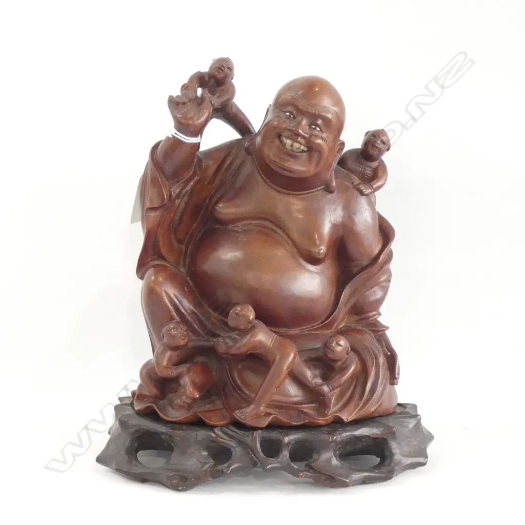 CARVED WOODEN LAUGHING BUDDHA ON STAND a/f H. 240MM Image 1++