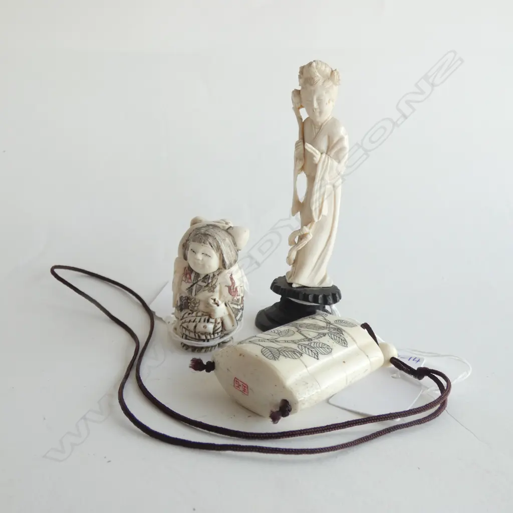 3 SM JAPANESE ITEMS; IVORY STYLE INRO & NETSUKE & IVORY OKIMONO (H 110MM) A/F Image 1++