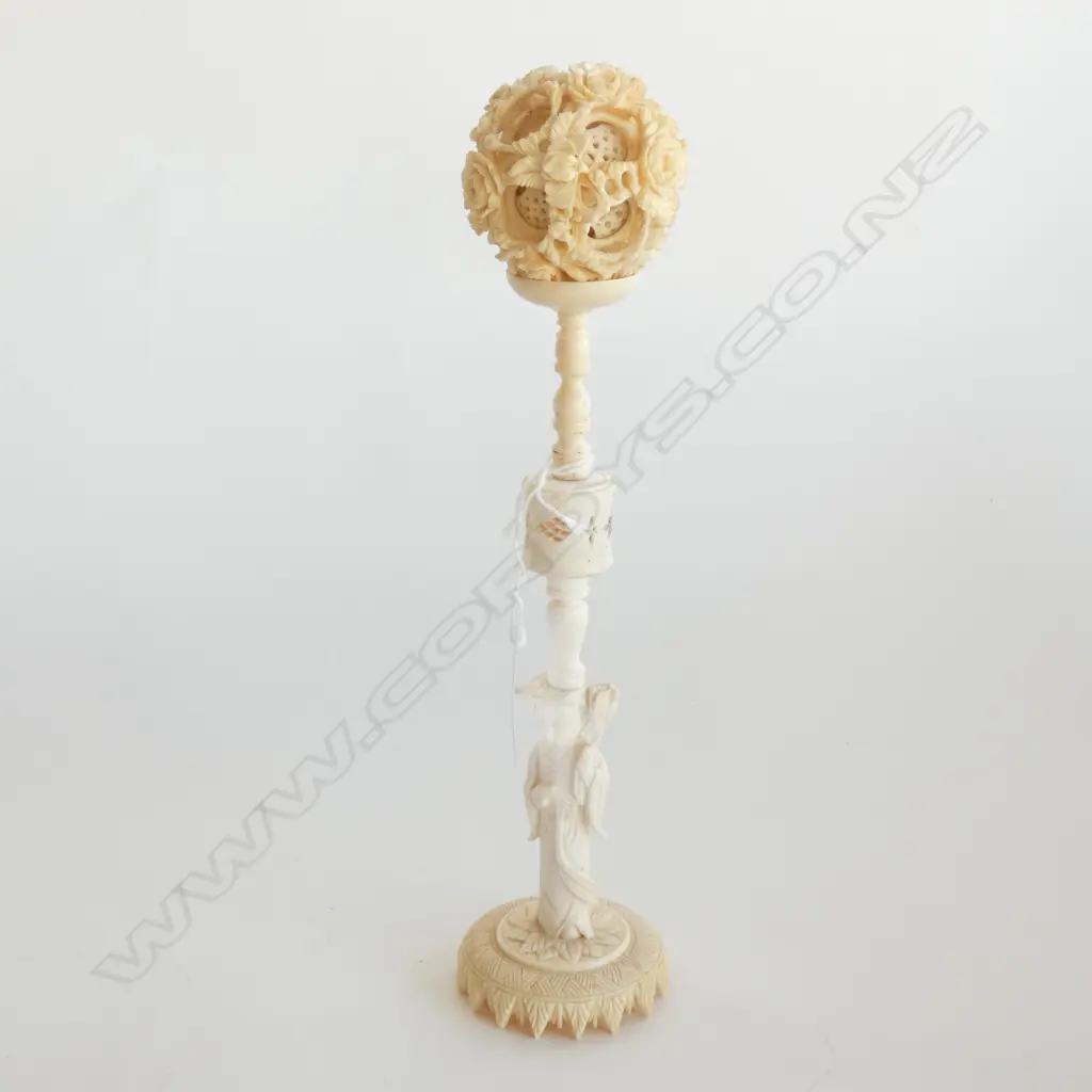 OLD CHINESE CARVED IVORY PUZZLE BALL ON STAND Image 1++