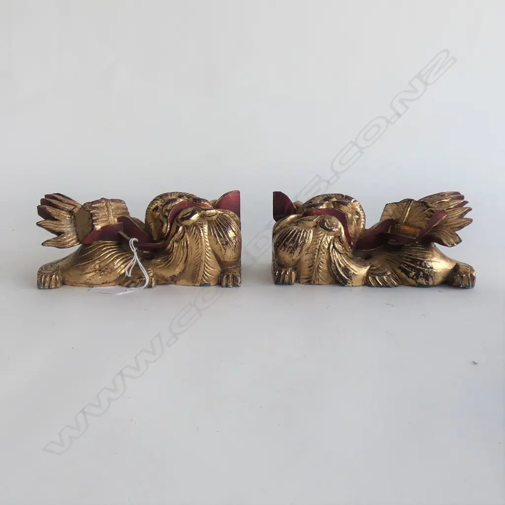 PR INDONESIAN GILDED WOODEN TEMPLE LIONS L.180mm Image 1++