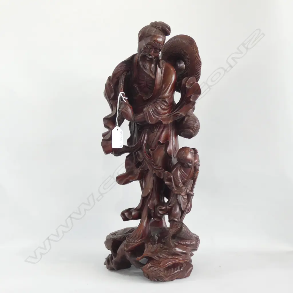 LG WOODEN CARVED ORIENTAL FIGURE - MAN & BOY H. 420MM  Image 1++