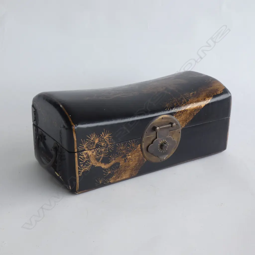 ORIENTAL BLACK LEATHER COVERED PILLOW BOX. 280MM W. 120MM H. Image 1++