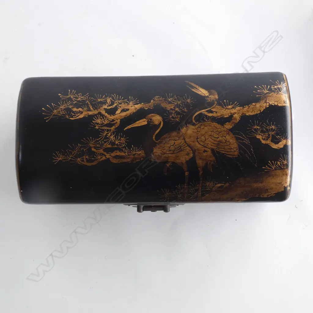 ORIENTAL BLACK LEATHER COVERED PILLOW BOX. 280MM W. 120MM H. Image 1++
