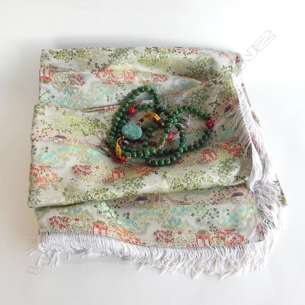 LARGE CHINESE EMBROIDERED SATIN THROW/TABLECLOTH 1780mm x 2100mm, AND MODERN COURT BEADS. Image 1++