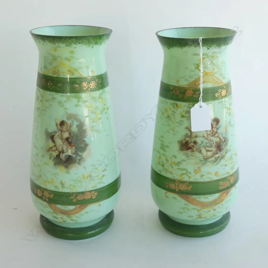 PR VINTAGE GREEN MILK GLASS VASES DECORATED WITH CHERUBS & FLOWERS H 270MM  Image 1++