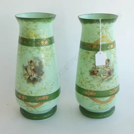 PR VINTAGE GREEN MILK GLASS VASES DECORATED WITH CHERUBS & FLOWERS H 270MM 