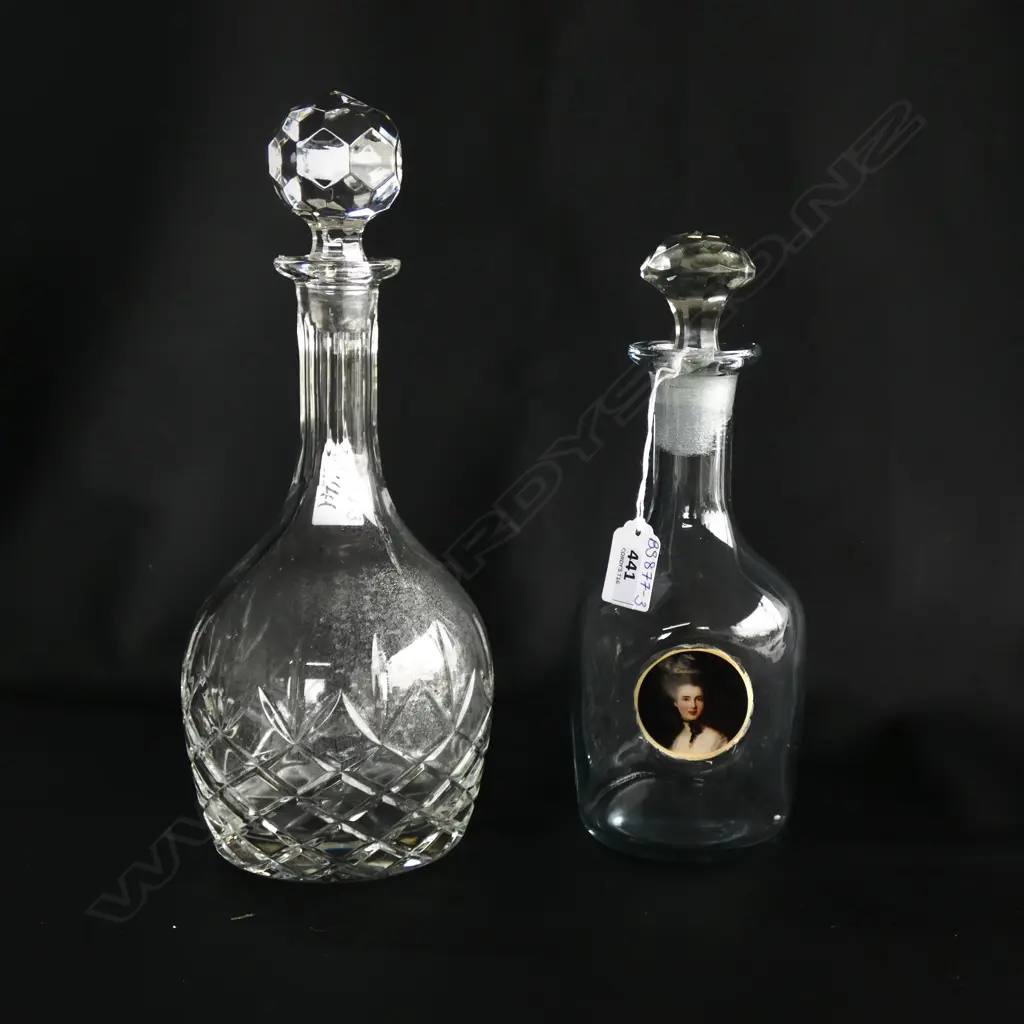 WEBB CORBETT CRYSTAL DECANTER H. 320MM + ONE OTHER WITH PORTRAIT DECAL H. 265MM Image 1++
