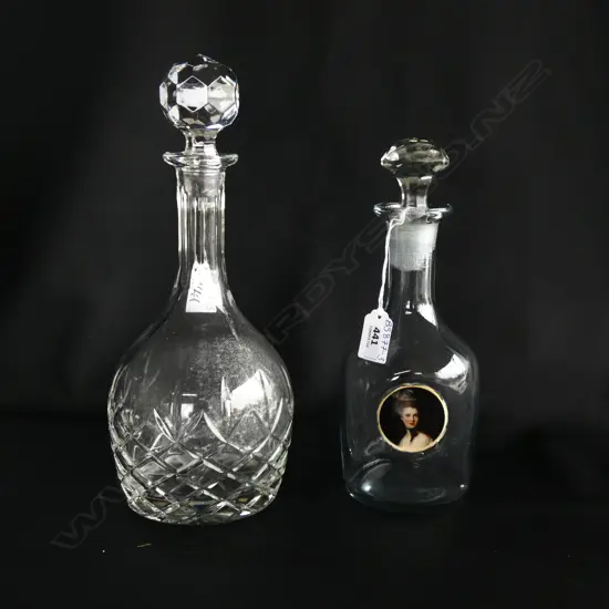 WEBB CORBETT CRYSTAL DECANTER H. 320MM + ONE OTHER WITH PORTRAIT DECAL H. 265MM