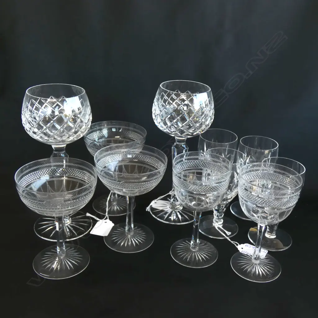11 ASST CRYST STEMMED GLASSES; 3 DESIGNS; CHAMPAGNE / WINE/ SHERRY ETC. Image 1++
