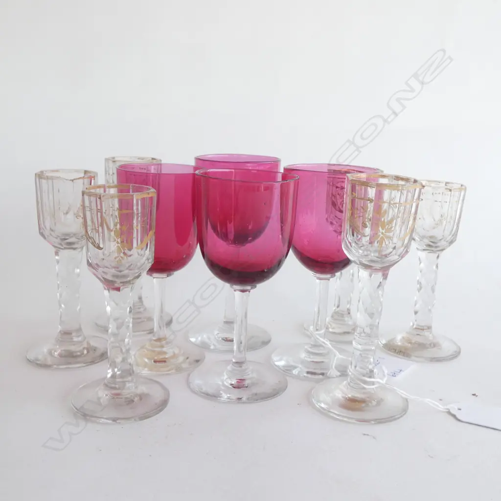 4 RUBY GLASS SM WINE GLASSES (H 120MM) C1900 + 6 LATE 18THC STEMMED GLASSES (H 120MM) SOME A/F.... Image 1++