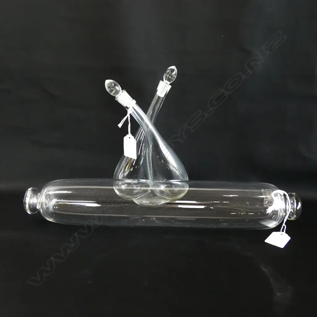 OLD GLASS ROLLING PIN L 360MM & PR ENTWINED GLASS DRESSING BOTTLES W STOPPER S Image 1++