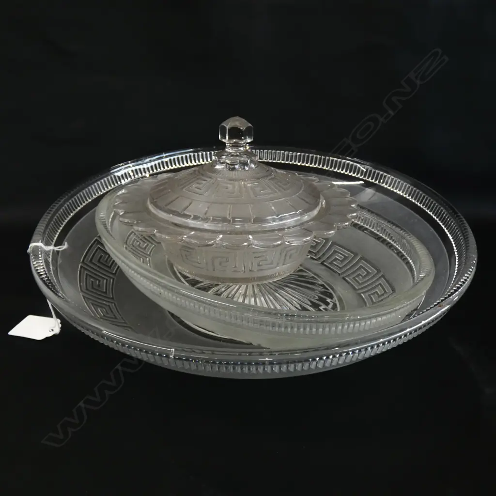 3 PC VINTAGE GREEK PATTERN  HEAVY GLASS PCS; LG BOWL (DIA 307MM) OVAL BOWL & CHEESE DISH WITH COVER ) Image 1++