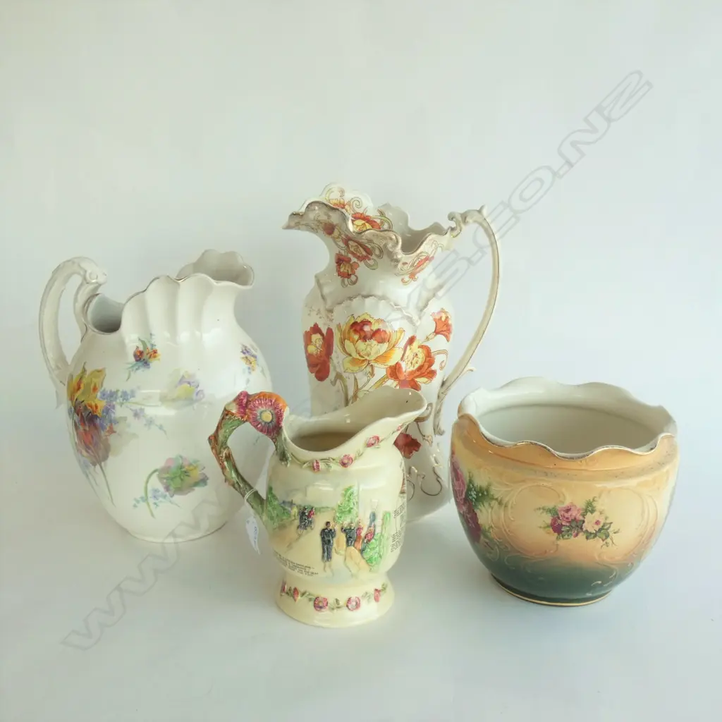 TWO LG JUGS, ONE ROYAL DOULTON (H310) BOTH A/F + OLD JARDINIERE (DIA 205MM) + MUSICAL JUG (WORKING) Image 1++