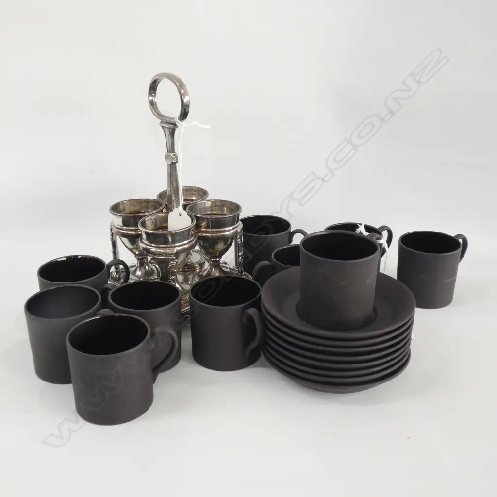 8 BLACK JASPERWARE DEMI CUPS & SAUCERS + 2 SPARE CUPS & ORNATE SILVER PLATE EGG CUP HOLDER W 4 CUPS Image 1++
