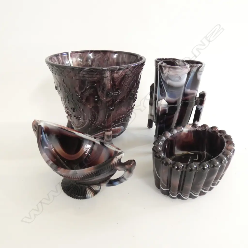 4 PCS SLAG GLASS; 3 VASES (LARGEST H 105MM & TRINKET DISH L 90MM Image 1++