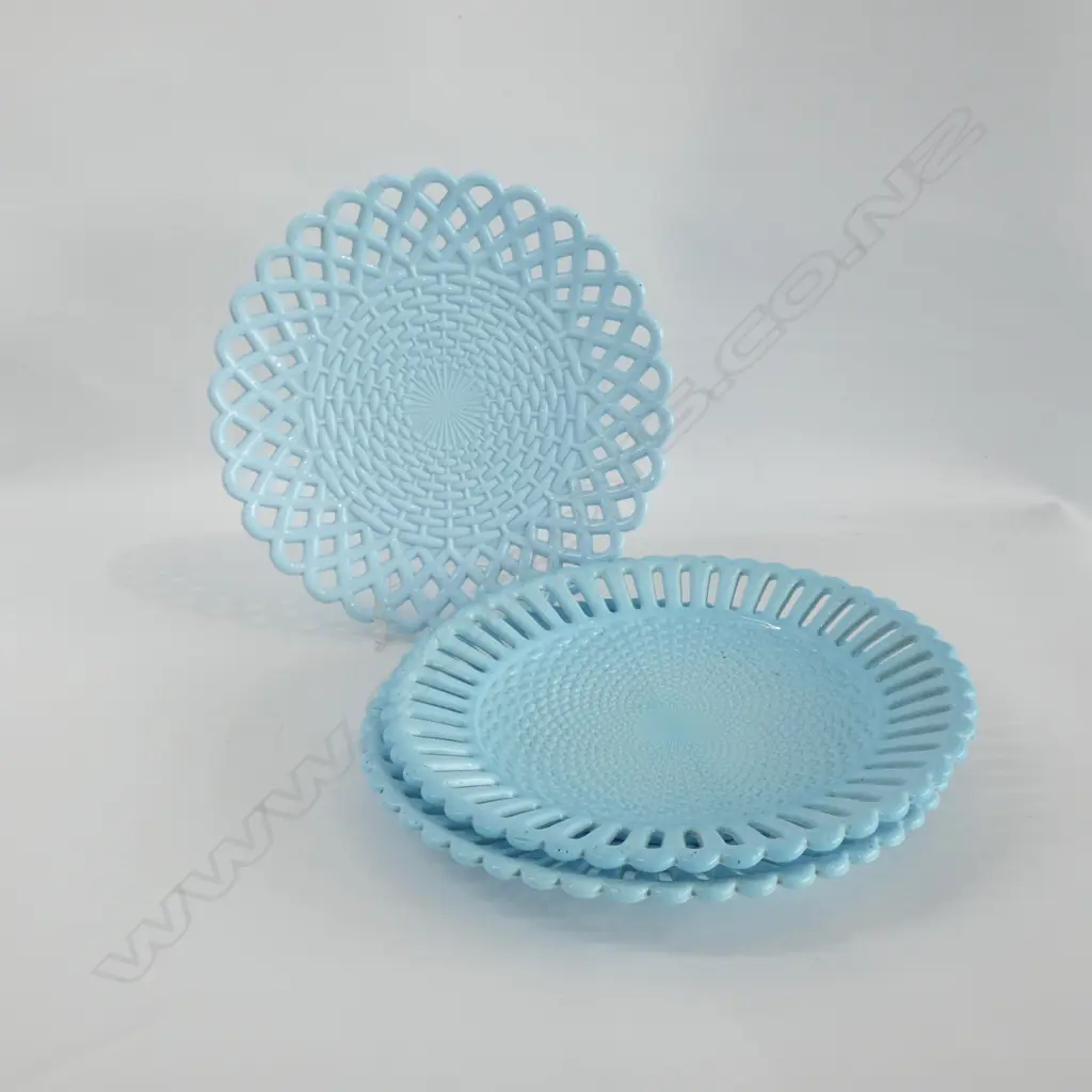 3 VICTORIAN BLUE GLASS PIERCED PLATES; 1 PR RD NOS DIA 225MM Image 1++