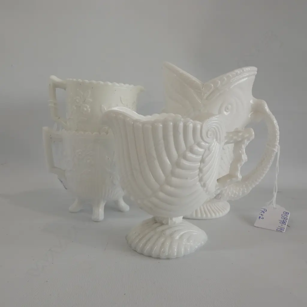 ASST VINTAGE WHITE GLASS JUGS; 1 PR (H75MM) + 1 FISH SHAPE (H130MM) & SNAIL SHAPE (H95MM) Image 1++