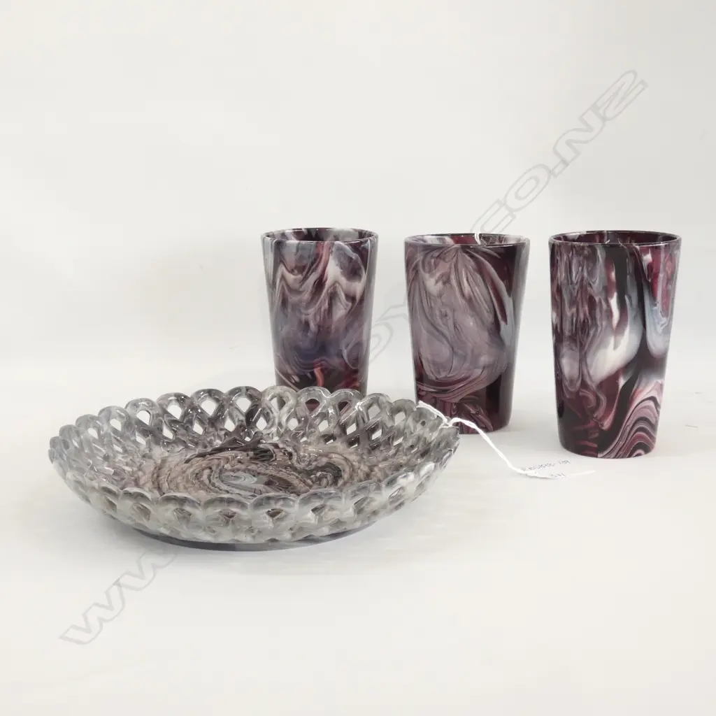 THREE VINTAGE SLAG GLASSES  (H. 120MM) + PIERCED SLAG DISH DIA 200MM Image 1++