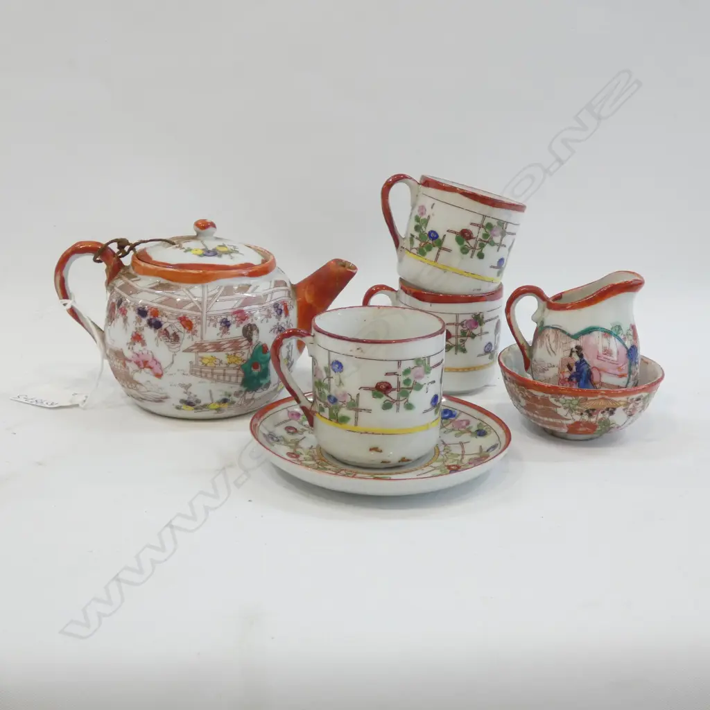ORIENTAL PART TEA SET; TEAPOT, TRIO, 3 CUPS, JUG & BOWL Image 1++