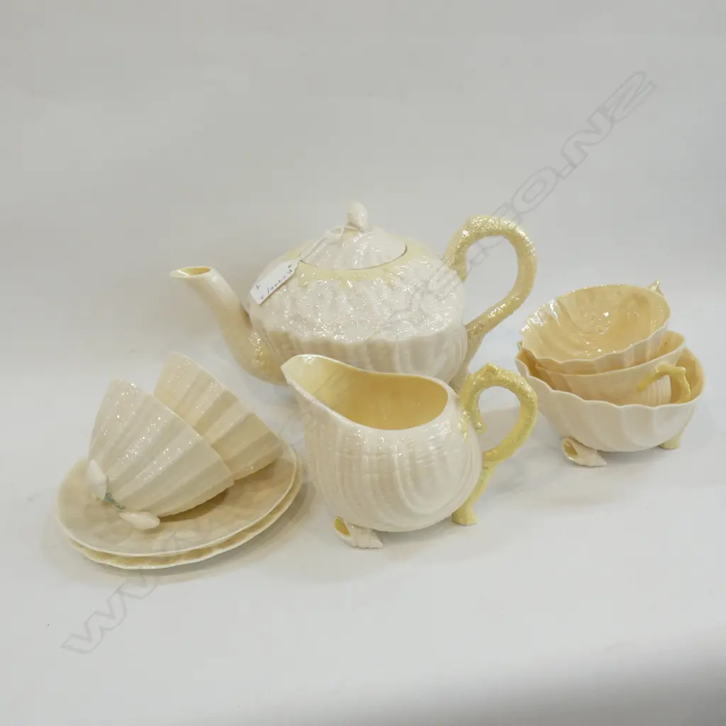 9 PCE BELLEEK TEA SET; TEAPOT, MILK, SUGAR, 4 CUPS, 2 SAUCERS Image 1++