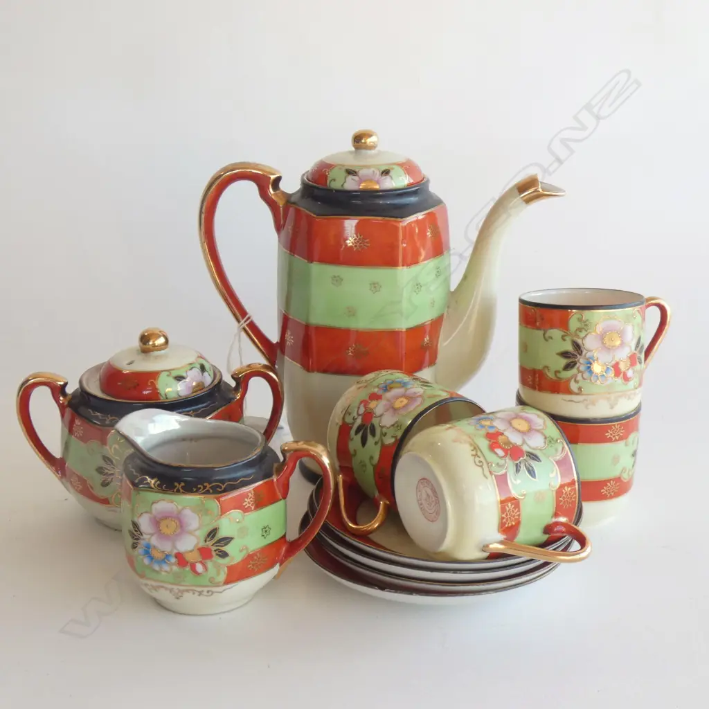 11 PC JAPANESE HAND PAINTED DEMITASSE COFFEE SET; COFFEE POT, 4 C&S, JUG & BOWL Image 1++