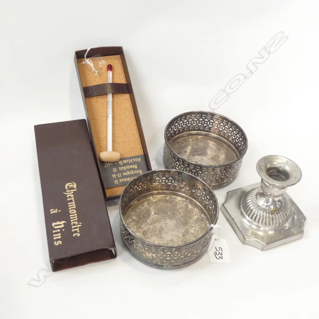 PR SILVER PLATE WINE COASTERS / CANDLE HOLDER & BOXED WINE THERMOMETER  Image 1++
