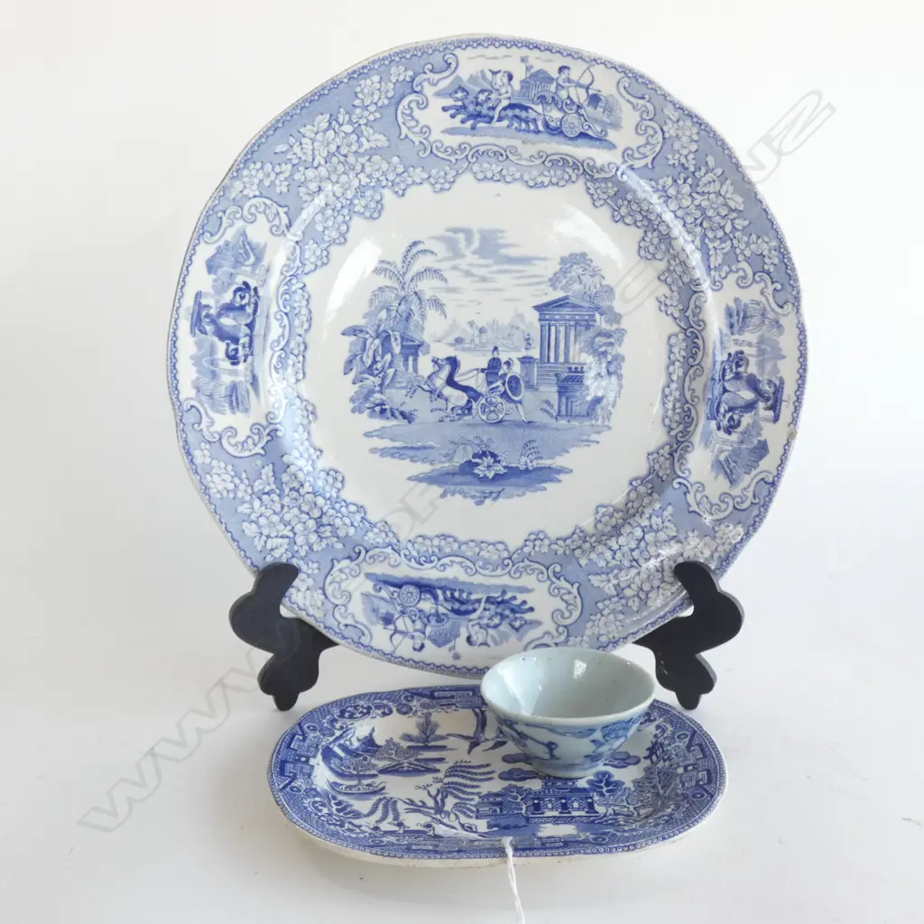 VINTAGE BLUE & WHITE CHINA; SM VICTORIAN PLATE / DINNER PLATE C1870 & SM ORIENTAL BOWL (CHINESE OR ENGLISH COPY)... Image 1++