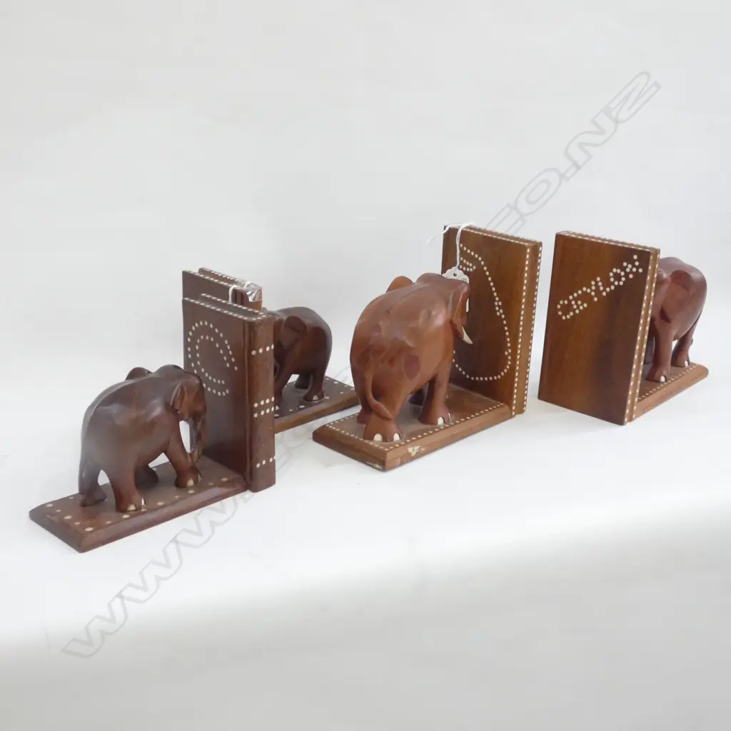 WOODEN ELEPHANT BOOKENDS; ONE PR SM & ONE LG CEYLON Image 1++