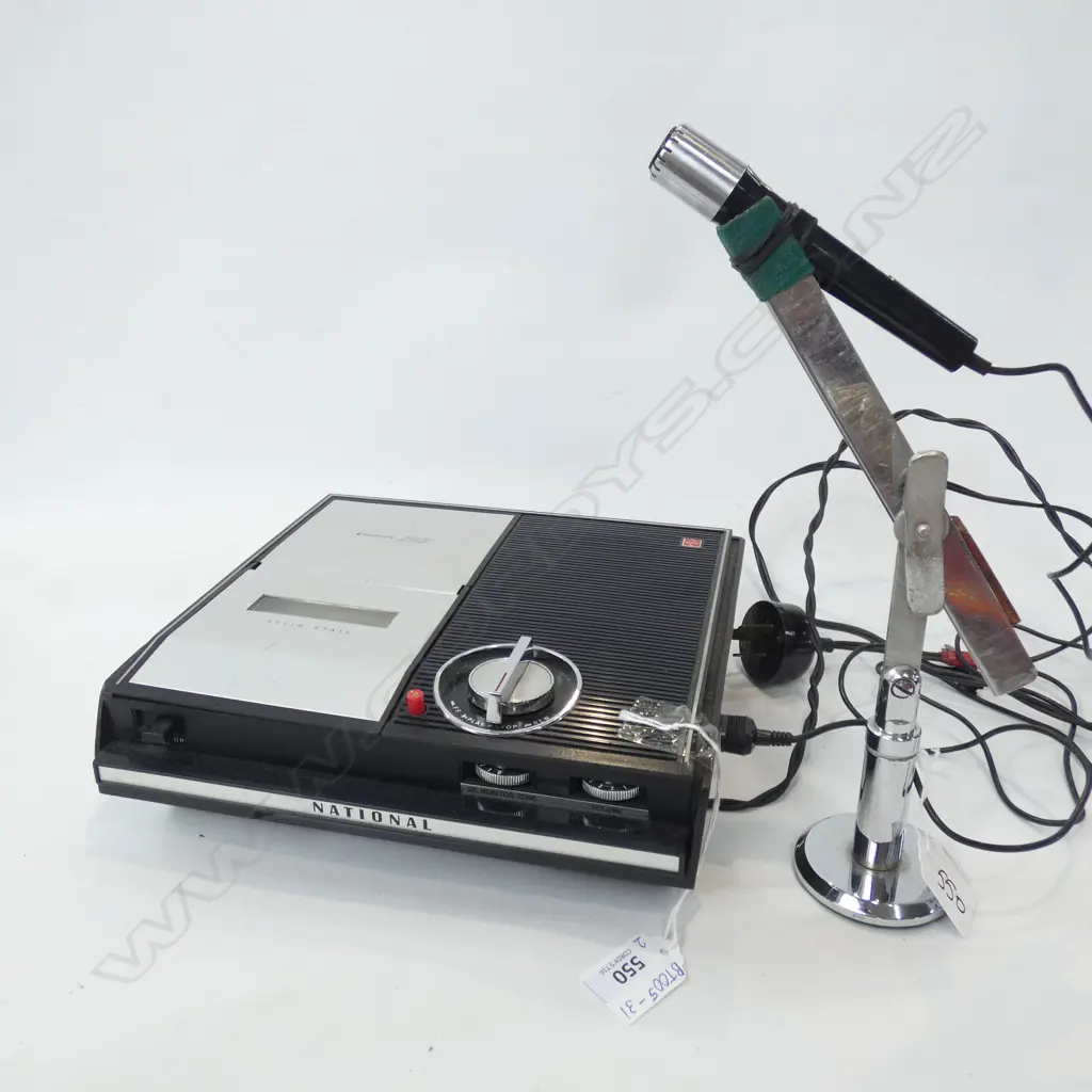 OLD NATIONAL SOLID STATE CASSETTE RECORDER + MICROPHONE ON STAND  Image 1++