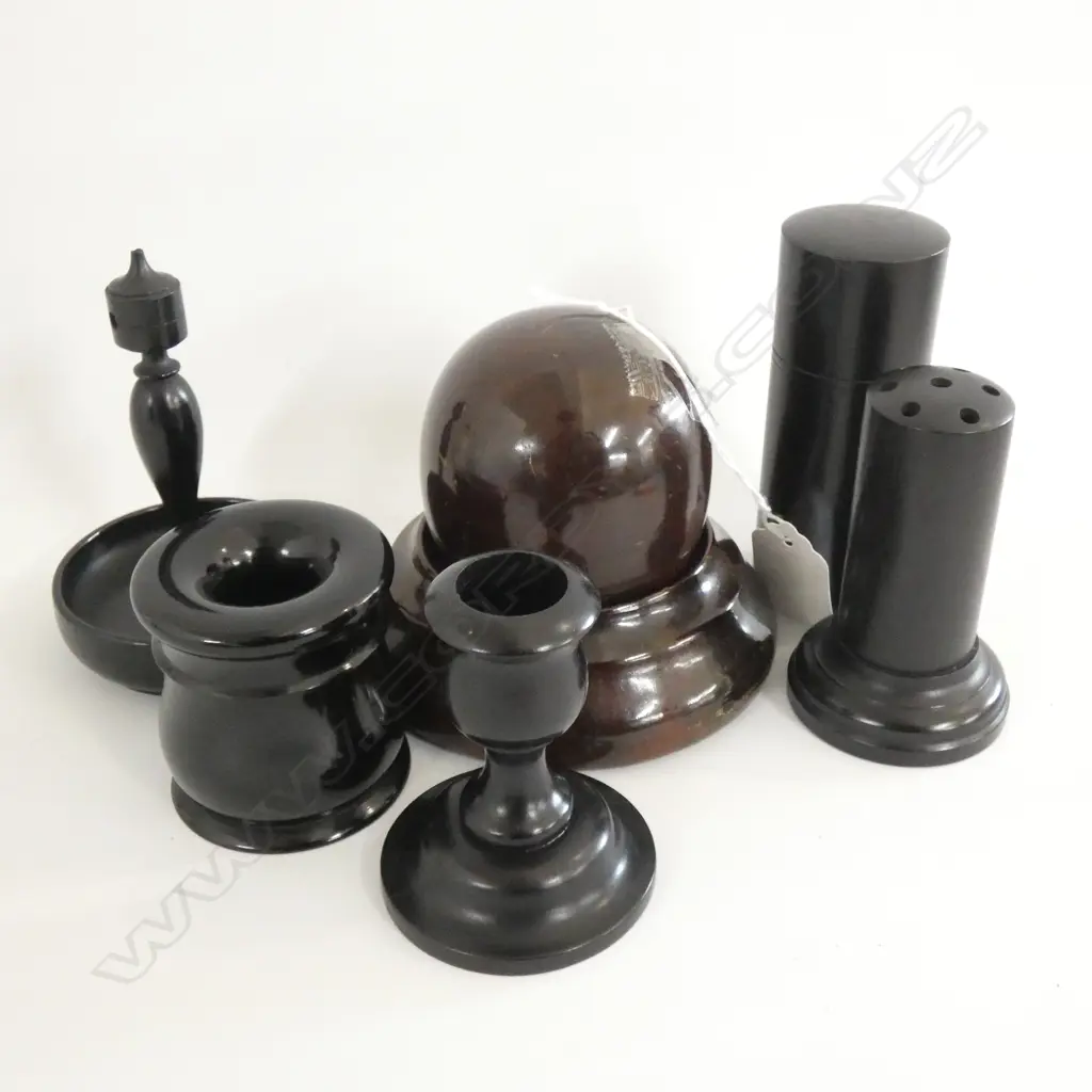 6 EBONY WOOD PCS INCL CANDLE HOLDER + WOOD & GLASS INKWELL ETC.. Image 1++