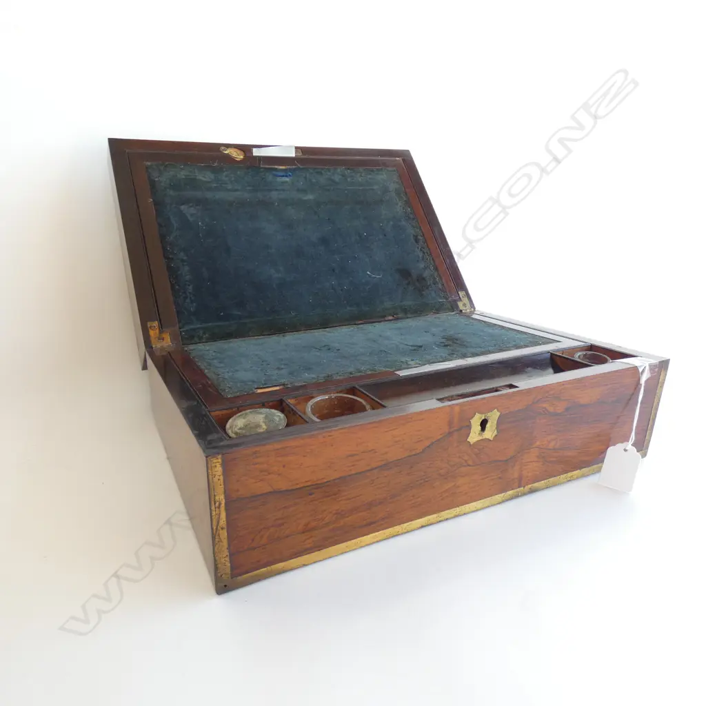 WOODEN WRITING SLOPE - BRASS RIMS - INCL SOME CONTENTS 355 X 230 X 125MM Image 1++