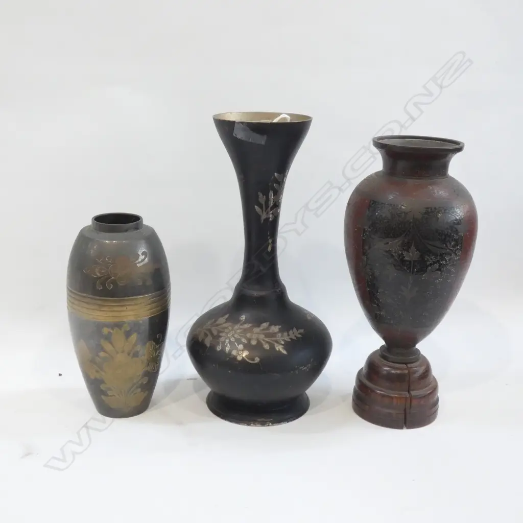 3 OLD METAL / BRASS & BRONZE INLAID VASES H 240MM  Image 1++