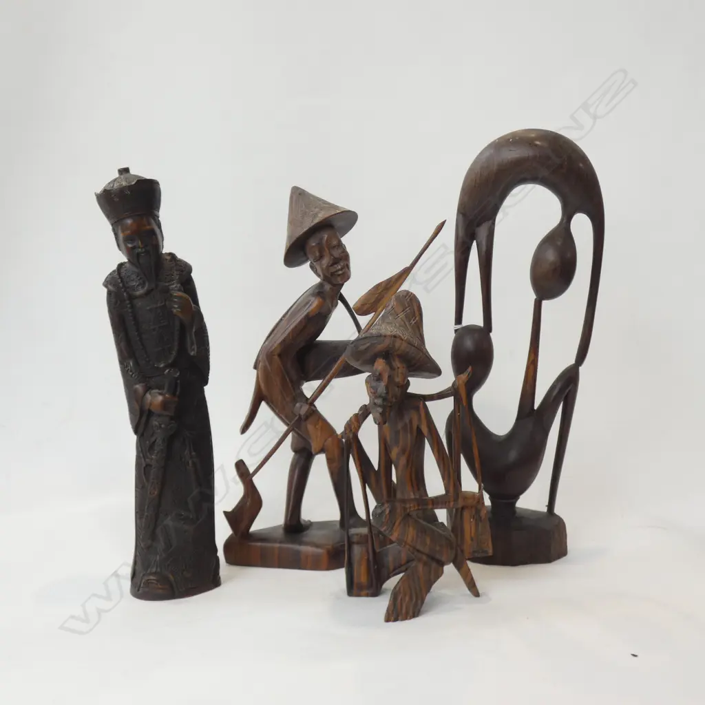 ORIENTAL FIGURES; 2 WOODEN / 1 RESIN + 1 OTHER WOODEN FIGURE  H 320MM Image 1++