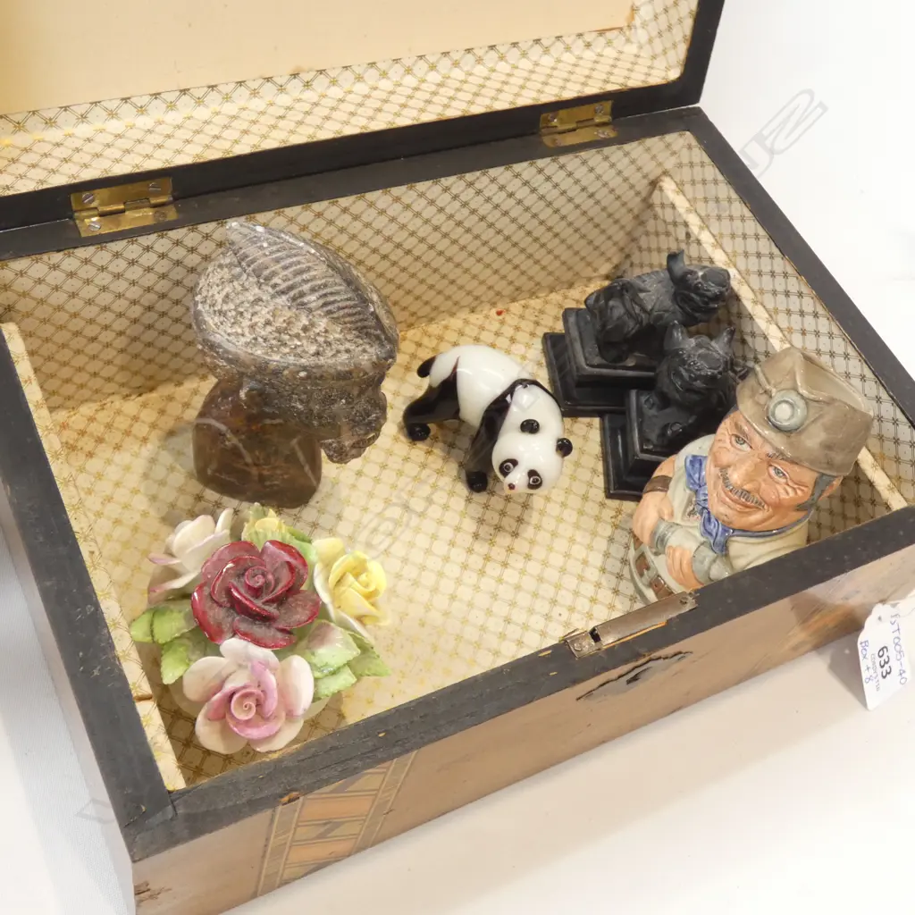 WOODEN BOX & CONTENTS (280 X 190MM) INCL PR EBONY ELEPHANTS / GLASS PANDA / RD SM JUG/ ETC.. Image 1++