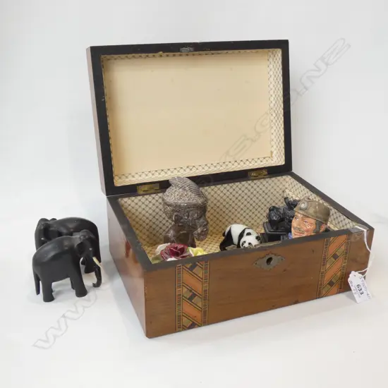 WOODEN BOX & CONTENTS (280 X 190MM) INCL PR EBONY ELEPHANTS / GLASS PANDA / RD SM JUG/ ETC..